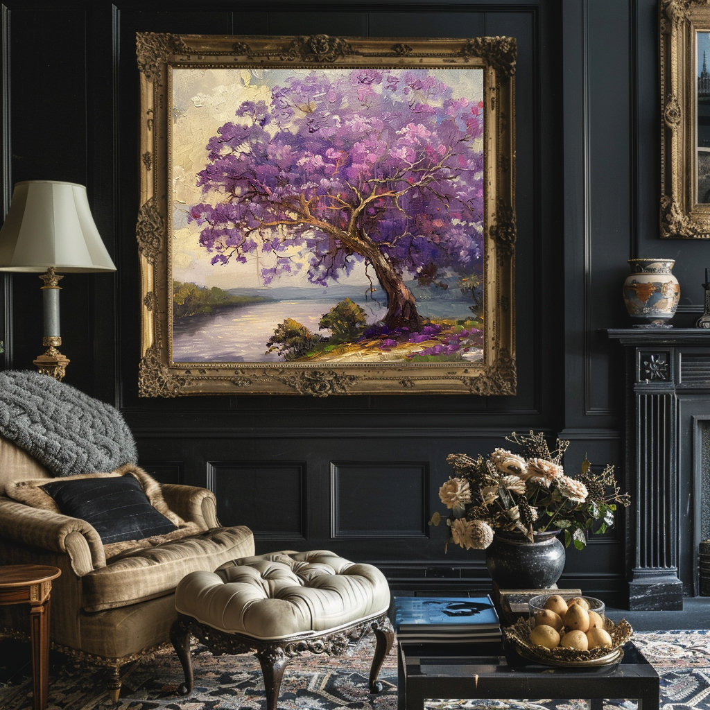Jacaranda Tree Vintage Oil Painting Print: Moody Florida Art