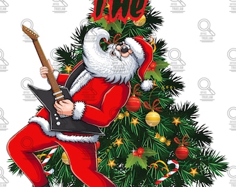 Rockin around the Christmas tree png, rock and roll Santa png, Rocker Santa png, Christmas tree png, Santa sublimation, fun Christmas png