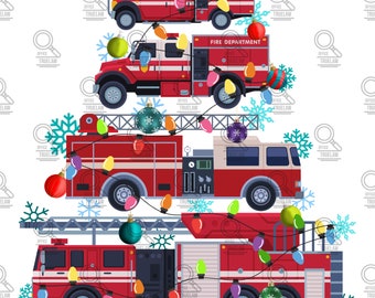 Fire truck Christmas tree png, boys Christmas tree png, Christmas tree sublimation, boys graphic tee, fire engine Christmas tree png