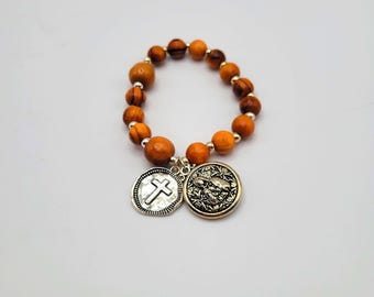 Catholic Olive Wood Rosary Bracelet from Jerusalem – Sterling Silver Cross & Mother Mary Charm – Religious Gift