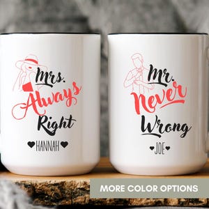 Custom Name Couple Mrs and Mr Mugs, Husband and Wife Gift, Mr and Mrs Funny Mug, Personalized Mr Mrs Mugs, Bride and Groom Set (MUG-2 Heart)