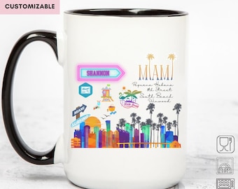 Personalized Name Miami Coffee Mug, Miami Custom Mug, Custom Gift, Cityscape Souvenir Vacation Florida Mug, Travel Keepsake Miami City Lover