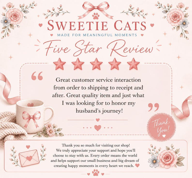 May include: A pink and white graphic with the text "SWEETIE CATS" and "Five Star Review". The image includes a coffee mug with a bow, a knitted scarf, and floral accents. The text says "Thank You!"