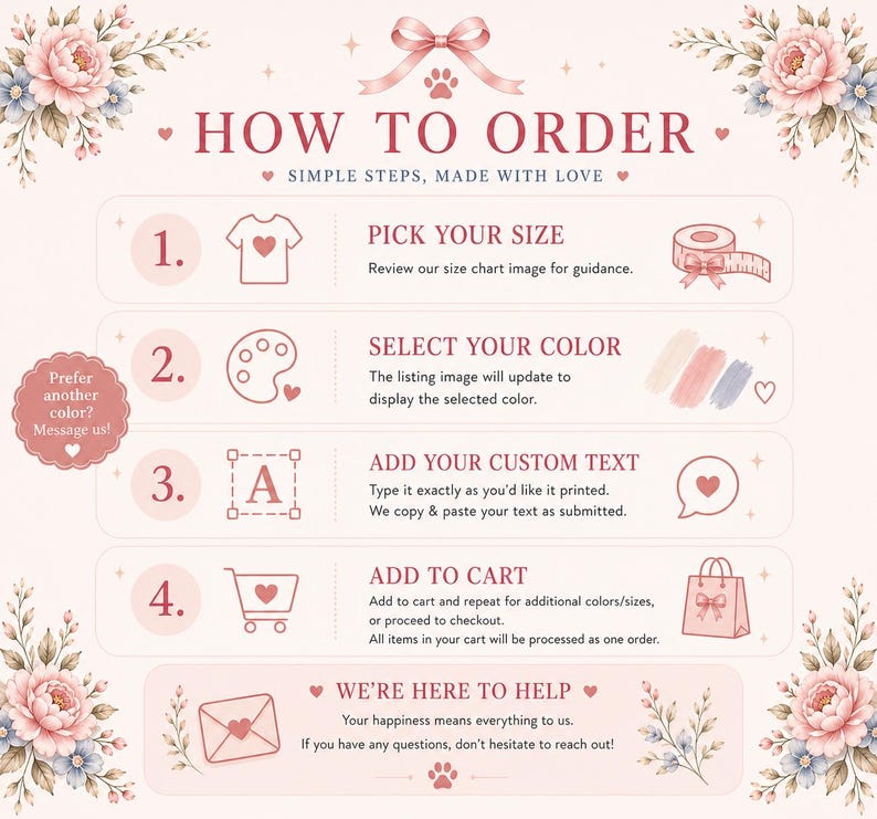May include: A pink and white graphic with text that reads "How to Order" and instructions for ordering. The steps include picking a size, selecting a color, adding custom text, and adding to cart. Floral and bow accents.
