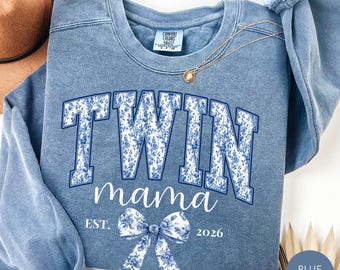 Twin Mama Toile De Jouy Coquette Sweatshirt Chinoiserie Custom Blue Ribbon Floral Bow Shirt Cool Mom Present New Mommy Life Mothers Day Gift