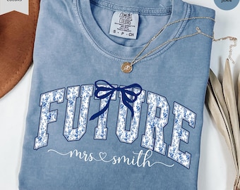Toile de Jouy Coquette Future Mrs. Shirt Chinoiserie Blue Ribbon Floral Bow for New Engaged Girl Miss To Future Mrs Sweater Bride To Be Gift