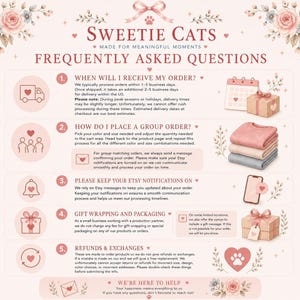 May include: A pink and cream-colored graphic with the text "Sweetie Cats" and "Frequently Asked Questions." The image includes illustrations of a delivery truck, calendar, stacked clothing, gift box, and a phone. The text provides information about order processing, group orders, Etsy notifications, gift wrapping, and refunds.
