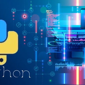 May include: A blue and yellow Python logo with the word "Python" in white text below it. The background is a blue and purple gradient with a digital pattern of lines and icons.