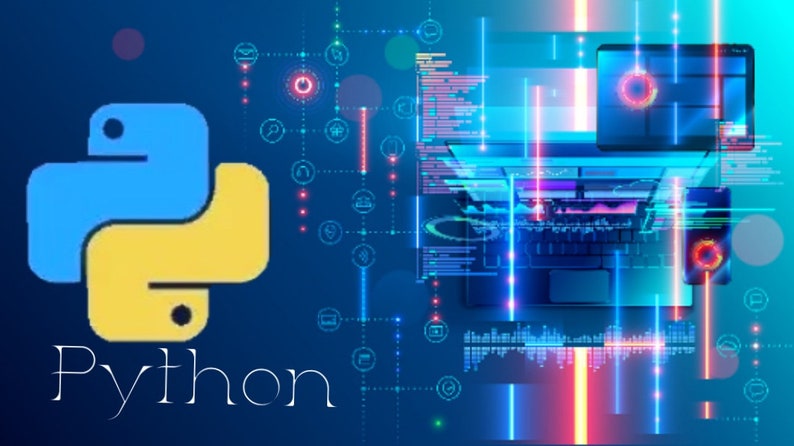 May include: A blue and yellow Python logo with the word "Python" in white text below it. The background is a blue and purple gradient with a digital pattern of lines and icons.