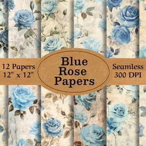 Seamless Vintage Blue Rose Digital Paper, Shabby Blue Rose Papers, Seamless Floral Pattern, Floral Collage Sheets, Shabby Chic Rose Papers