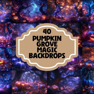 May include: 40 digital backdrops featuring a magical pumpkin grove with glowing pumpkins and trees. The backdrops are perfect for Halloween or fall themed projects.