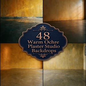 May include: A collection of 48 warm ochre plaster studio backdrops featuring textured yellow-brown walls and dark floors. The central emblem displays the text 48 Warm Ochre Plaster Studio Backdrops in a decorative frame with copper-colored lettering.