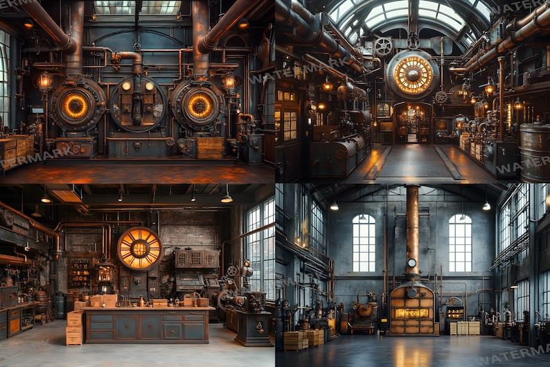 35 Industrial Steampunk Backdrops | Vintage Factory Digital Backgrounds ...