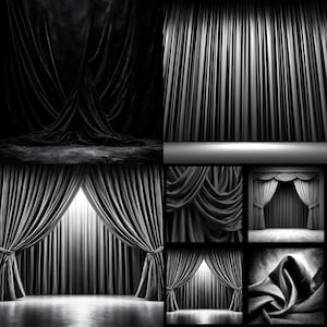 May include: A collection of images showcasing black theater curtains in various styles. The curtains are draped and folded, with some images featuring stage lighting. The overall aesthetic is dramatic and theatrical.