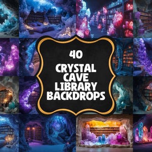 40 Warm Crystal Cave Library Digital Backdrops for Photography - 6000x4000px PNGs, , Fantasy Backgrounds, Cave Backgrounds, Library Backdrop