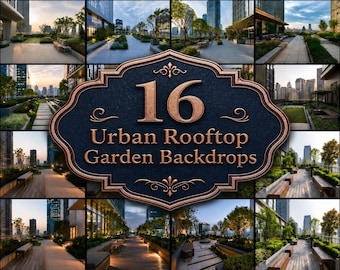 Urban Rooftop Garden Digital Backdrops, City Skyline Photography Backdrop, Modern Penthouse Terrace, Outdoor Portrait Backgrounds, JPG