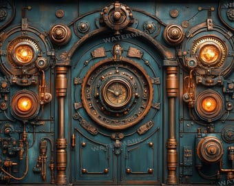 25 Steampunk Backdrops, Industrial Door Sci-Fi Digital Backgrounds, Steampunk Background, Vintage Machine Wall Backdrop