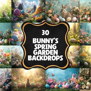 May include: 30 digital backdrops featuring bunnies in a spring garden setting with pastel colored eggs and flowers.  The backdrops are perfect for photographers and crafters.