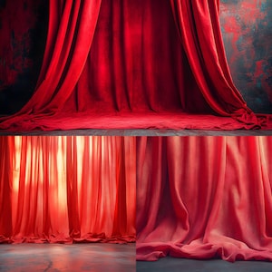 Op de afbeelding: Een levendig rode fluwelen gordijn, gedrapeerd over een podium, met een bijpassende vloer. De stof is dik en luxueus, met diepe plooien en schaduwen. De belichting creëert een dramatisch effect en benadrukt de textuur en kleur van het materiaal.