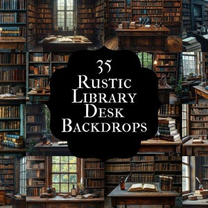 Könnte beinhalten: Eine Collage von rustikalen Bibliotheks-Schreibtisch-Hintergründen. Das Bild zeigt verschiedene Bibliothekszenen mit hölzernen Bücherregalen voller Bücher, Schreibtischen und Fenstern. Der Text "35 Rustic Library Desk Backdrops" wird in der Mitte angezeigt.