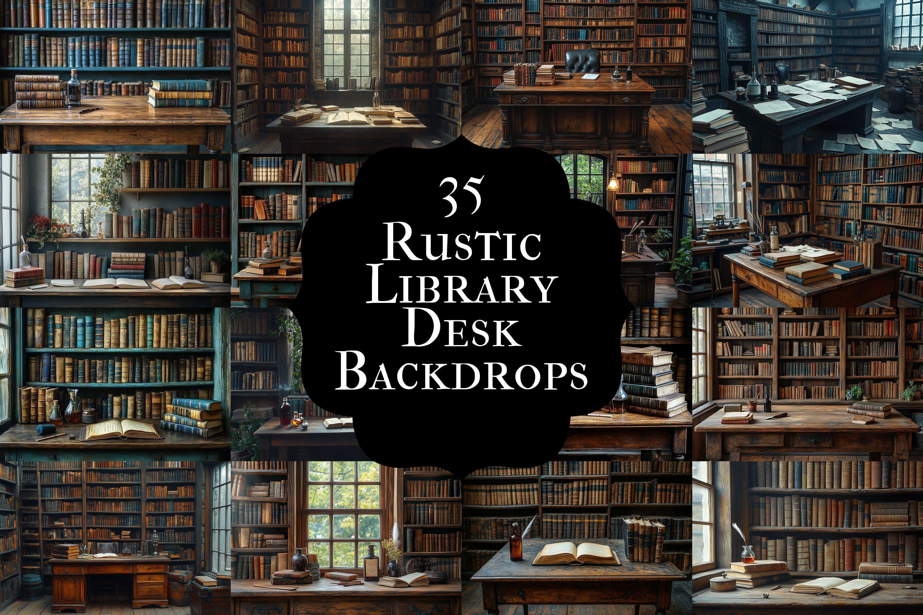 Rustic Library Desk Backdrops, Vintage Bookcase Interior (35 Pngs) - Etsy