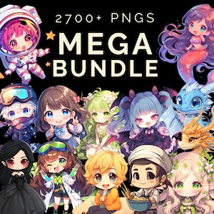 May include: A collection of 2700+ PNG images featuring cute cartoon characters, including a girl in a space suit, a girl with pink hair, a girl with blue hair, a girl with green hair, a girl with brown hair, a boy with yellow hair, a boy with brown hair, a dragon, a mermaid, and a girl with blonde hair. The text "MEGA BUNDLE" is displayed in large, bold letters.