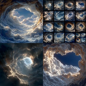 Op de afbeelding: Een samengestelde afbeelding met wolkenformaties. Linksboven een wervelende wolkenwervel met een glimp van blauwe lucht. Rechtsboven een raster van kleinere wolkenlandschappen. De onderste panelen tonen vergelijkbare wolkenwervels met zonlicht.