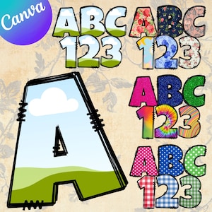 May include: A set of colorful alphabet and number stickers with different patterns. The letters are A, B, and C, and the numbers are 1, 2, and 3. The patterns include floral, polka dots, tie-dye, and clouds.
