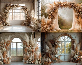 Boho Floral Backdrops, Neutral Photography Backgrounds, Pampas Grass Digital Backdrop Bundle