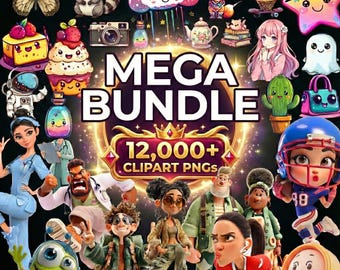 12,000+ Mega PNG Clipart Bundle | Commercial Use Graphics | Kawaii, 3D Cartoon, Vintage, Watercolor, Anime | Print on Demand, Sublimation