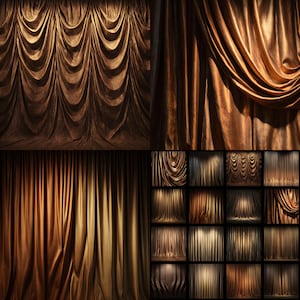 May include: A collection of brown and gold velvet curtains with various draping styles. The curtains are arranged in a grid, showcasing different textures and folds. The lighting highlights the fabric's sheen and depth.