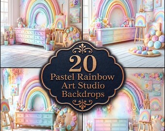Pastel Rainbow Art Studio Digital Backdrops, Colorful Artist Room Photography Backgrounds, Dreamy Kids Portrait Backdrop Pack