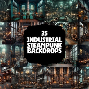 35 fondos industriales steampunk / Fondos digitales de fábrica vintage / Texturas de engranajes y metal / Escenas de ciencia ficción retro