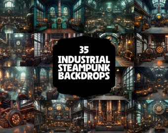 35 Industrial Steampunk Backdrops | Vintage Factory Digital Backgrounds | Gears & Metal Textures | Retro Sci-Fi Scenes