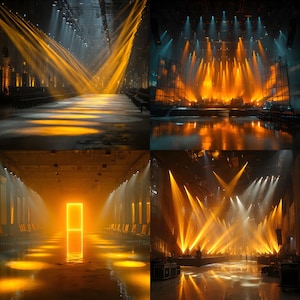 Puede incluir: Imagen de cuatro paneles de un escenario con focos amarillos y naranjas brillantes. Algunos paneles muestran un escenario vacío, otros una actuación. La iluminación crea una atmósfera dramática, con reflejos en el suelo mojado.