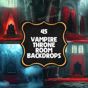 May include: A collection of 45 digital backdrops featuring a dark, gothic throne room with red curtains and a throne. The backdrops are perfect for creating spooky and dramatic scenes.