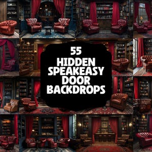 Op de afbeelding: 55 Verborgen Speakeasy-deur achtergronden - Een collage van afbeeldingen die verschillende achtergronden met een bibliotheekthema laten zien met rode gordijnen, boekenkasten en leren stoelen. Elke achtergrond heeft een verborgen deur.