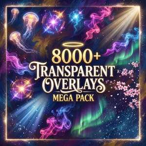 May include: Digital art featuring a collection of transparent overlays with a dark blue and purple background. The image includes jellyfish, glowing orbs, and swirling smoke effects. Text reads "8000+ Transparent Overlays Mega Pack."