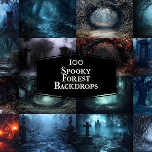 100 kusliga skogsfotobakgrunder, digitala Halloween-scener (PNG)