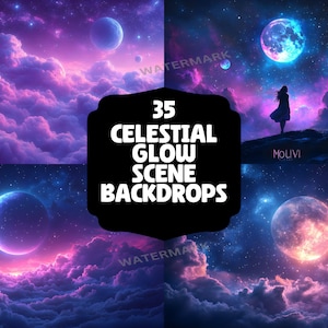 May include: A collage of four images featuring celestial scenes with glowing planets, stars, and clouds. The text "35 Celestial Glow Scene Backdrops" is in the center of the collage.