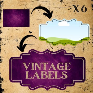 Può includere: Un set di sei etichette vintage con sfondo viola e bordo dorato. Le etichette presentano un design di paesaggio con cielo blu e colline verdi. Il testo "Vintage Labels" è stampato in oro sulle etichette.