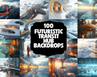 100 Sci-Fi Transit Hub Backdrops, Cyberpunk Photoshop Overlays (JPGs)