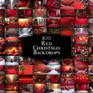 May include: A collection of 100 red Christmas backdrops. The images showcase festive scenes with Christmas trees, decorations, and holiday decor. The backdrops are in various settings, including indoor and outdoor scenes.