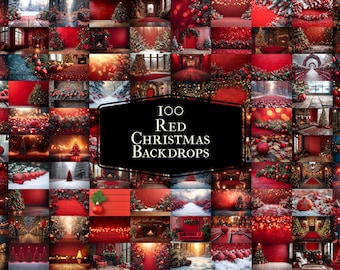 100 Red Christmas Digital Backdrops, Santa Family Photos (JPGs)