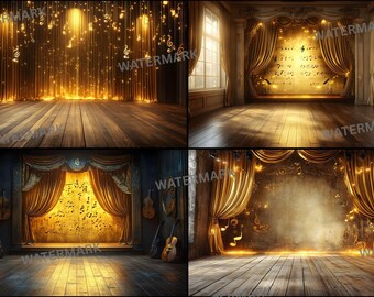 May include: Four images depicting theatre stage backdrops. Each scene has golden curtains, wooden floors, and musical notes. The lighting creates a warm atmosphere, ideal for musical performances or themed events.