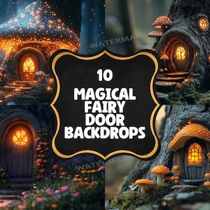 Puede incluir: Imagen compuesta con cuatro escenas de fantasía de puertas de hadas en árboles. Las puertas están iluminadas con luz cálida, y los entornos incluyen setas, flores y detalles brillantes. La imagen incluye el texto "10 MAGICAL FAIRY DOOR BACKDROPS."