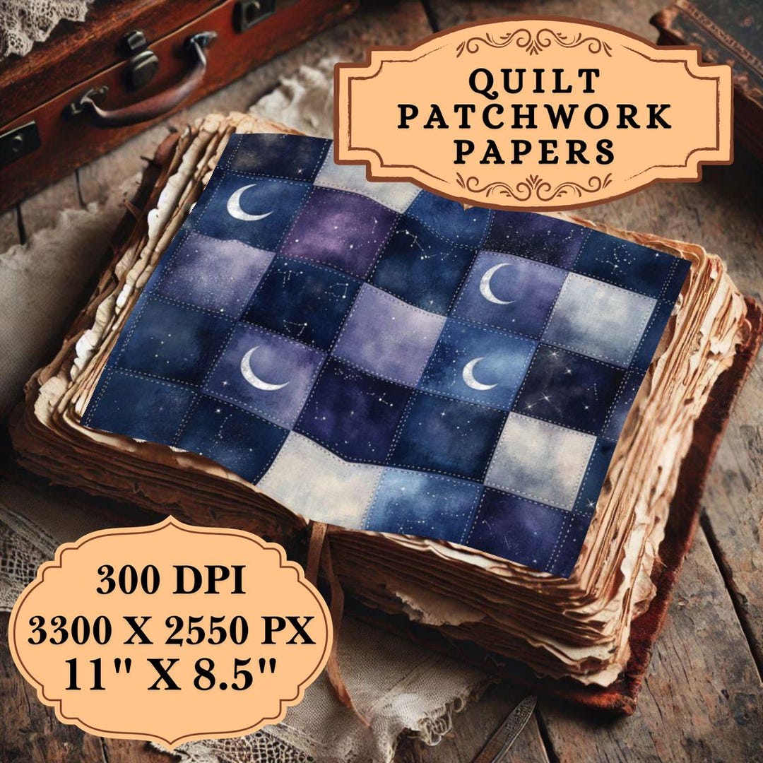 Patchwork Moon Celestial Quilt Patchwork Junk Journal Pages, Moon, Lunar, Galaxy ...
