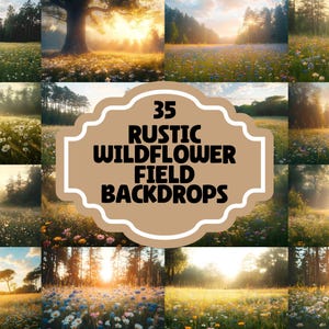 Puede incluir: 35 Fondos rústicos de campo de flores silvestres. Una colección de fondos digitales que presentan una variedad de campos de flores silvestres con un ambiente rústico. Las imágenes presentan una variedad de colores, incluyendo verde, amarillo, azul y morado. Los fondos son perfectos para usar en scrapbooking digital, creación de tarjetas y otros proyectos creativos.