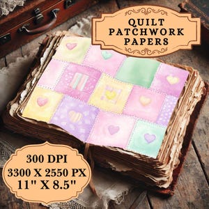 Hearts Candy Patchwork Junk Journal Pages, Patchwork Quilt Junk Journal Kit - Children Kids Digital Papers - Pastel Cotton Candy Papers