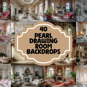 May include: A collage of 40 images showcasing various luxurious drawing room backdrops. Each image features a different ornate interior design with rich colors, intricate details, and elegant furniture. The backdrops are perfect for creating a sophisticated and elegant atmosphere in any space.